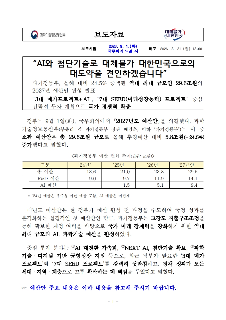 [과학기술정보통신부] “AI와 첨단기술로 대체불가 대한민국으로의 대도약을 견인하겠습니다” 대표 이미지