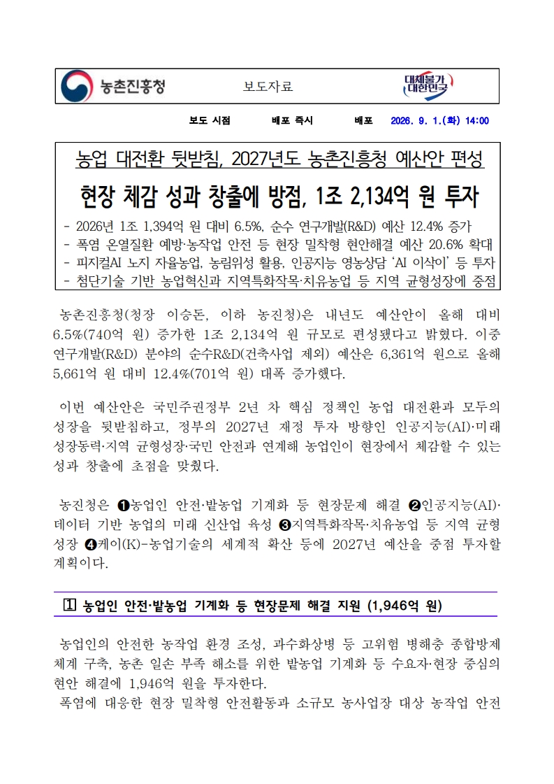 [농촌진흥청] 현장 체감 성과 창출에 방점, 1조 2,134억 원 투자 대표 이미지
